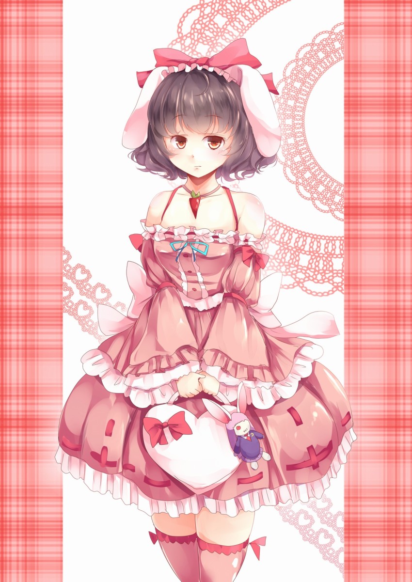 1girl alternate_costume animal_ears bag bare_shoulders black_hair blush breasts brown_eyes carrot character_doll choker cowboy_shot detached_sleeves doll dress expressionless female_focus floppy_ears frilled_dress frilled_sleeves frills hair_ribbon handbag heart-shaped_bag heart_pattern highres holding holding_bag inaba_tewi jewelry kanzakietc looking_at_viewer off-shoulder_dress off_shoulder patterned_background pendant pillarboxed pink_dress pink_theme pink_thighhighs plaid_background rabbit_ears reisen_udongein_inaba ribbon ribbon-trimmed_dress ribbon_trim shiny_skin short_dress small_breasts solo thighhighs touhou white_background wide_sleeves
