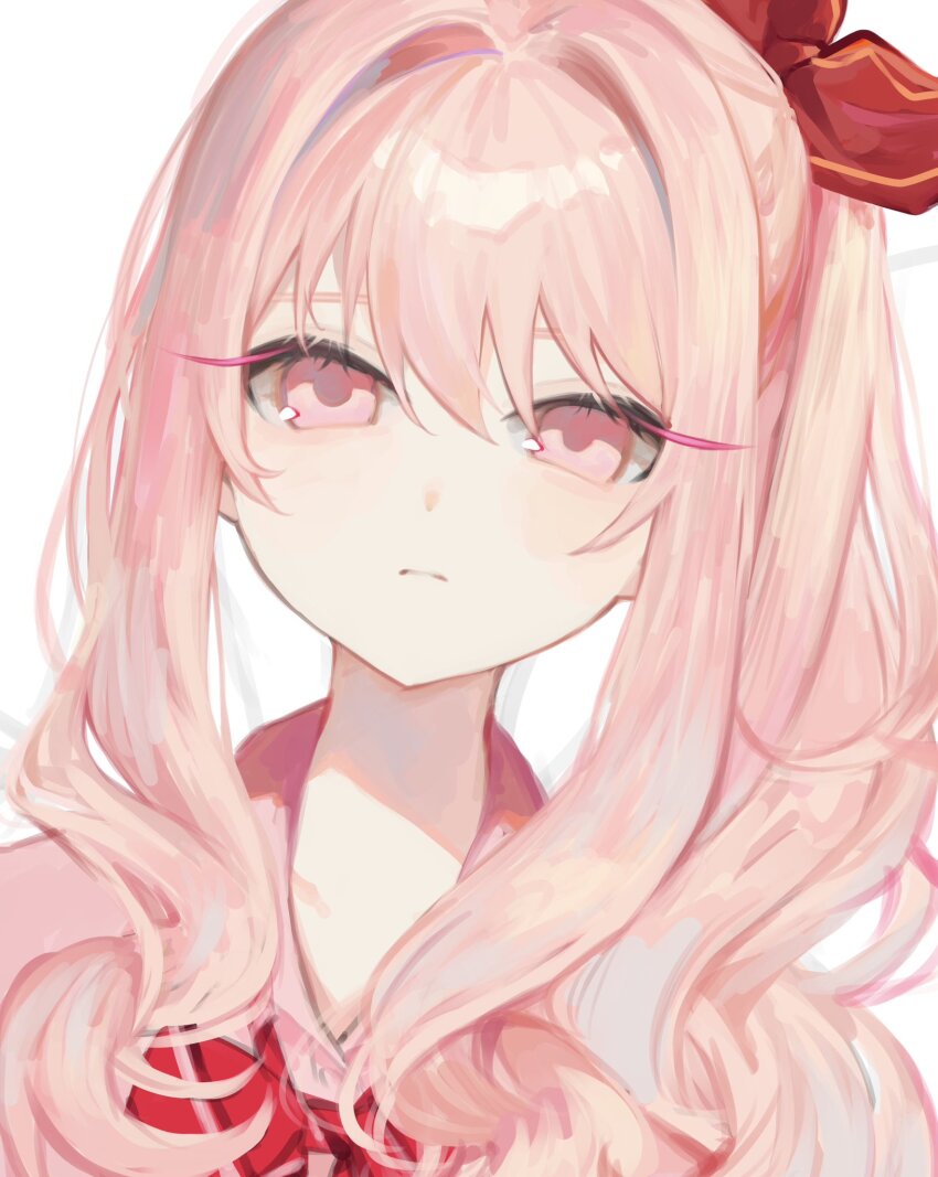 1other aimi_(mimi_nii2) akiyama_mizuki bow bowtie closed_mouth collarbone collared_shirt commentary_request diagonal-striped_bow diagonal-striped_bowtie diagonal-striped_clothes dutch_angle expressionless eyebrows_hidden_by_hair frown hair_between_eyes hair_bow hair_intakes high_side_ponytail highres long_hair looking_at_viewer other_focus pink_eyes pink_hair pink_shirt portrait project_sekai red_bow red_bowtie school_uniform shirt side_ponytail sidelocks simple_background solo straight-on striped_bow striped_bowtie striped_clothes swept_bangs white_background