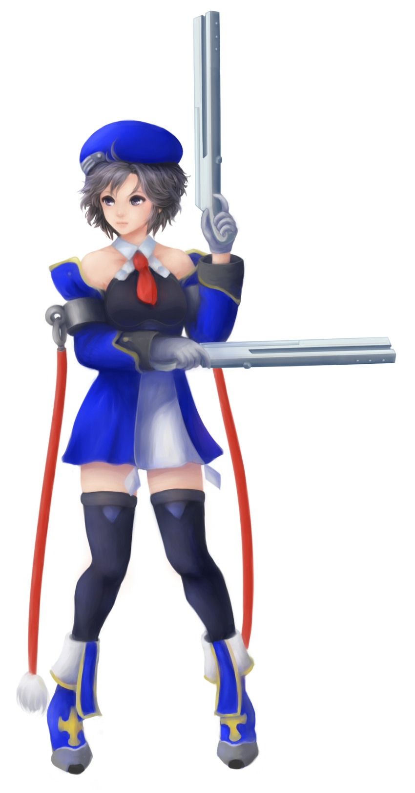 1girl arc_system_works bare_shoulders beret black_thighhighs blazblue blue_boots boots cosplay derivative_work detached_sleeves dual_wielding elaizy female_focus gun halterneck handgun hat highres holding idolmaster idolmaster_(classic) kikuchi_makoto lips necktie noel_vermillion noel_vermillion_(cosplay) non-web_source nose pistol purple_eyes ribbon short_hair silver_hair solo thighhighs weapon zettai_ryouiki