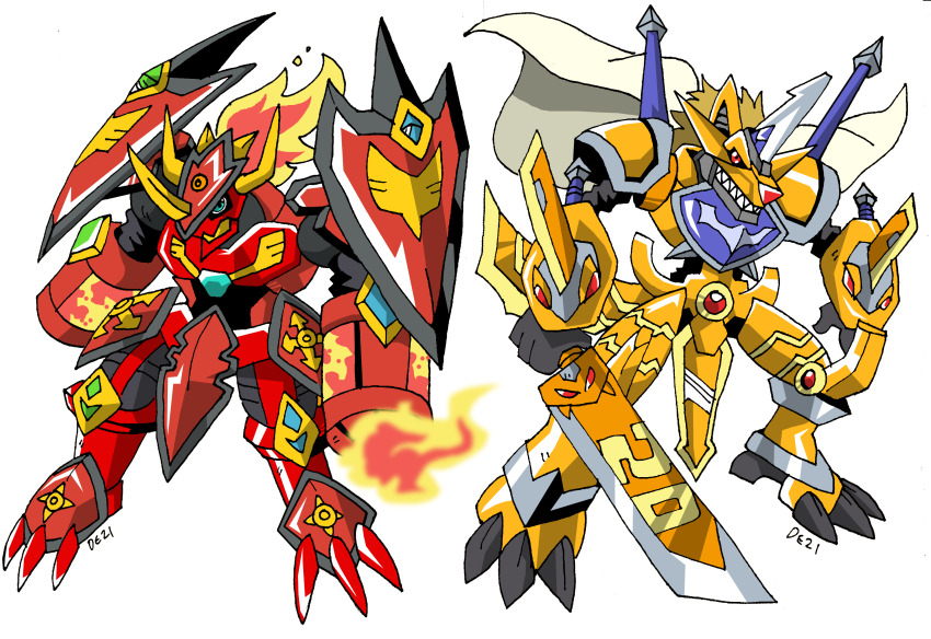 2others absurdres blitzgreymon bryweludramon cresgarurumon digimon digimon_(creature) durandamon fire fusion highres horns multiple_others original sharp_teeth sword teeth weapon