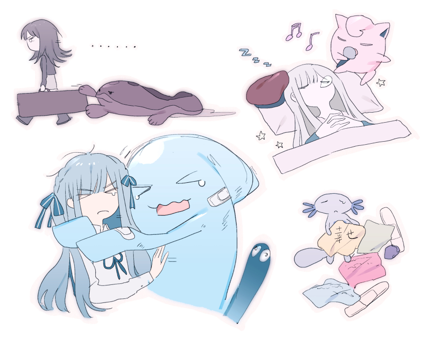 &gt;_&lt; 3girls bang_dream! bang_dream!_it&#039;s_mygo!!!!! black_hair black_jacket blue_hair character_request commentary hair_ribbon highres jacket long_hair long_sleeves microphone mortis_(bang_dream!) mortis_(costume)_(bang_dream!) multiple_girls music nintendo pokemon pokemon_(creature) reiboubyou ribbon shirt sidelocks simple_background singing sleeping togawa_sakiko wakaba_mutsumi white_background white_shirt yahata_umiri