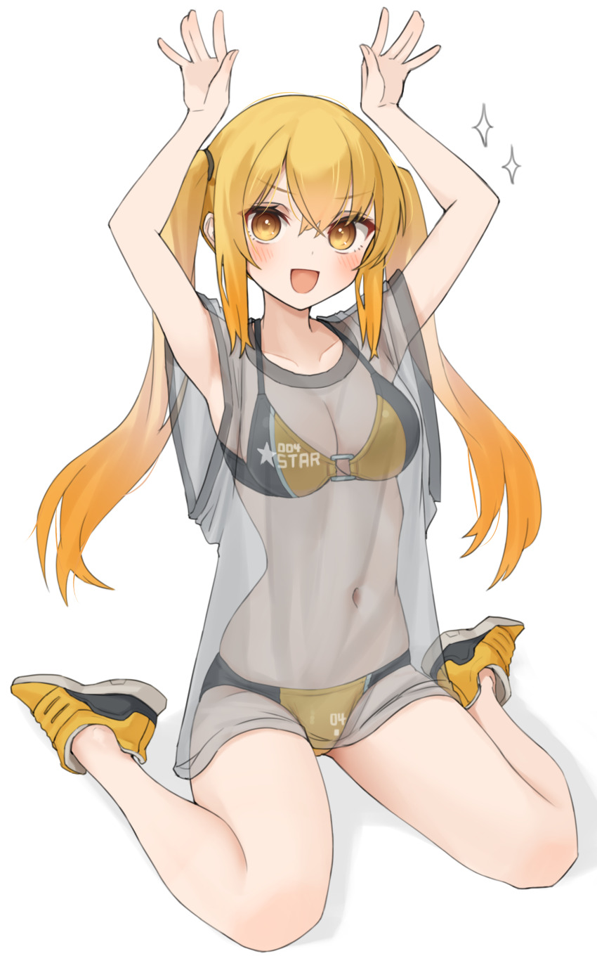 1girl :d absurdres arms_up bikini bikini_under_clothes blonde_hair blush breasts brown_eyes cleavage clothes_writing commentary_request full_body hair_between_eyes highres kopaka_(karda_nui) looking_at_viewer medium_breasts navel no_socks open_mouth original see-through_clothes shadow shoes simple_background sitting smile sneakers solo sparkle stomach swimsuit twintails wariza white_background yellow_bikini yellow_shoes
