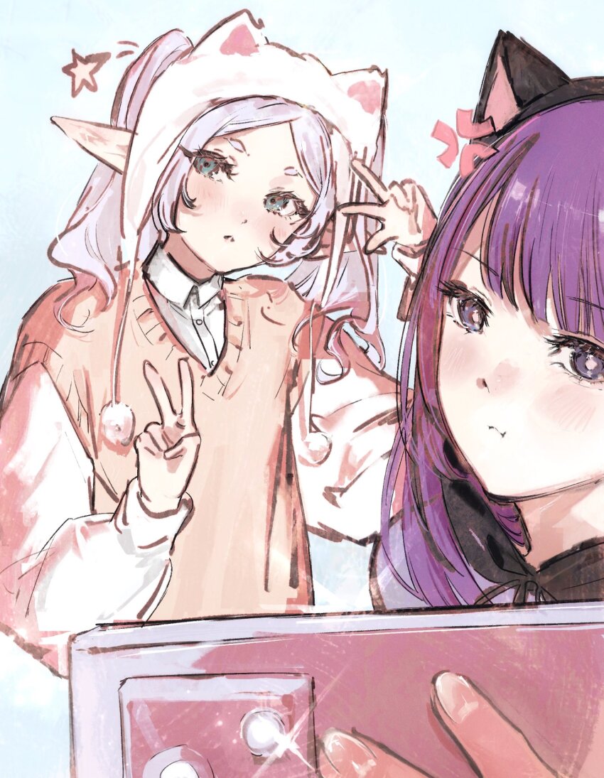 2girls anger_vein animal_ear_hairband animal_ear_headwear animal_ears black_hairband blush cat_ear_hairband cat_ears cellphone double-parted_bangs elf fake_animal_ears fern_(sousou_no_frieren) frieren green_eyes hairband hat highres holding holding_phone long_hair looking_at_viewer moku_(muooku) multiple_girls orange_sweater_vest parted_lips phone pointy_ears pout purple_hair selfie shirt sidelocks smartphone sousou_no_frieren sweater_vest taking_picture twintails upper_body v w white_hair white_hat white_shirt
