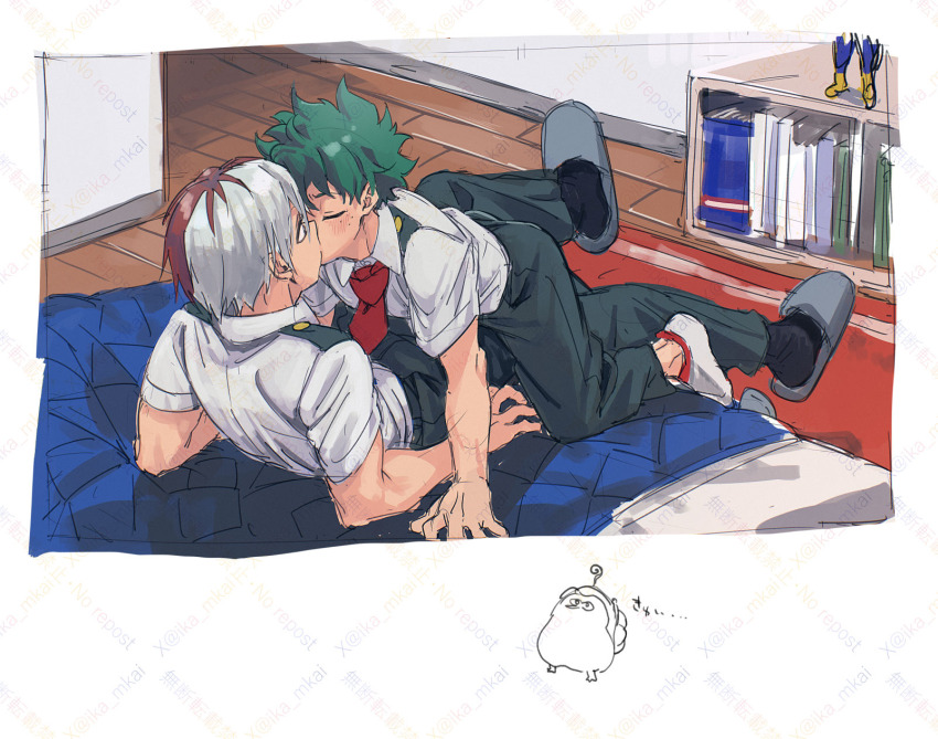 2boys all_might bed blush boku_no_hero_academia bones_(company) book bookshelf figure freckles green_hair highres ika_mkai indoors kiss midoriya_izuku multicolored_hair multiple_boys necktie on_bed pants red_hair shirt shounen_jump socks todoroki_shouto two-tone_hair white_hair yaoi