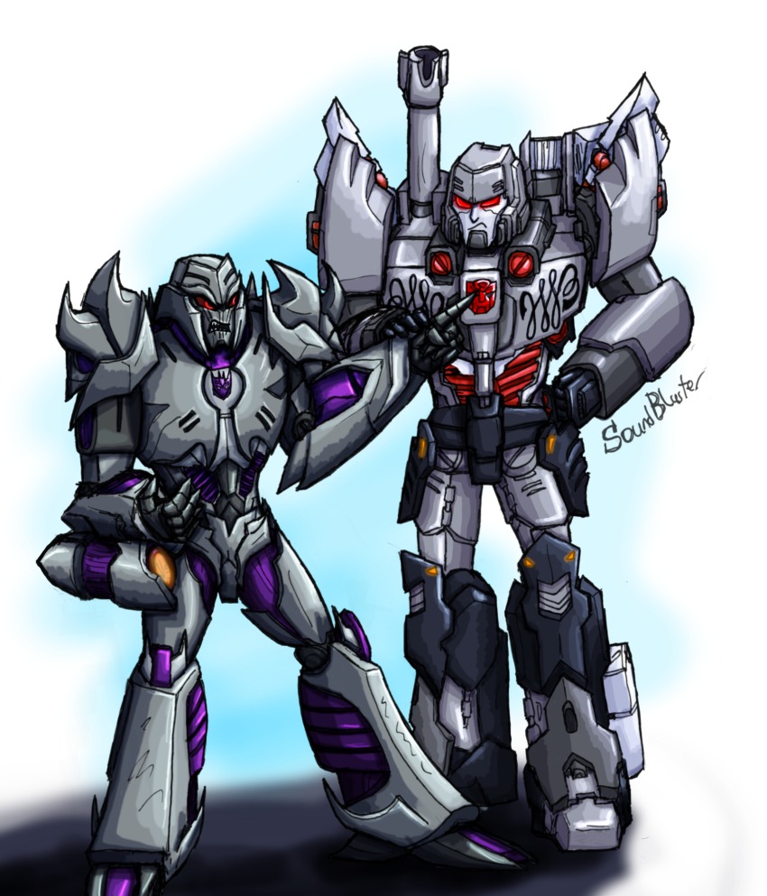 2boys arm_cannon artist_name autobot cannon character_request decepticon deviantart_username full_body glowing hand_up highres insignia machinery male_focus mecha megatron megatron_(idw) megatron_(prime) multiple_boys no_humans open_mouth red_eyes retro_artstyle robot science_fiction soundbluster tagme teeth the_transformers_(idw) transformers transformers_prime weapon