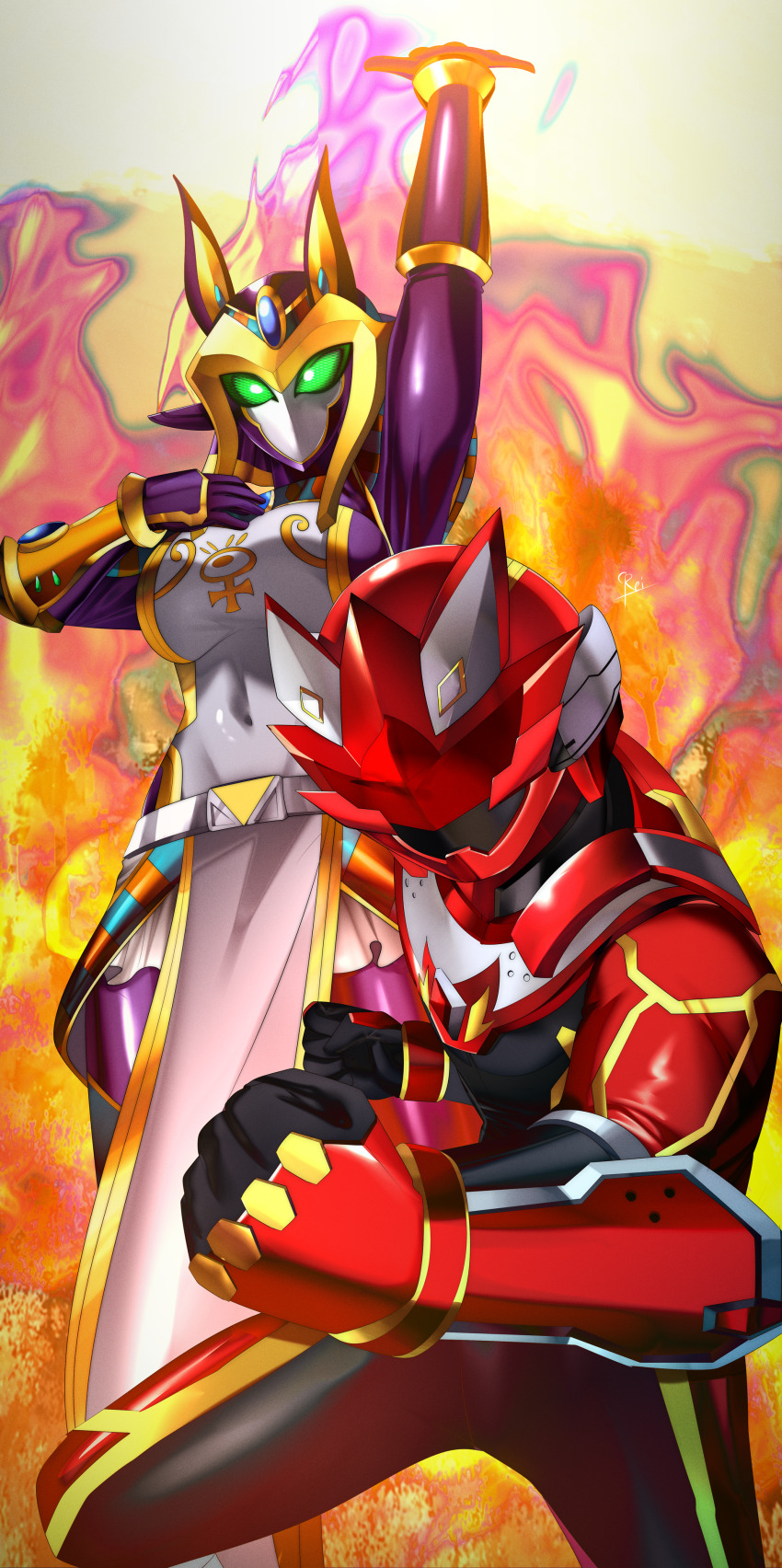 1boy 1girl absurdres amun_(sentai_red_ga_isekai_de_boukensha_ni_naru) animal_ears_helmet animal_helmet asagaki_toogo black_bodysuit bodysuit cowboy_shot fire green_eyes helmet highres kizuna_red purple_bodysuit purple_helmet raniya_(sentai_red_ga_isekai_de_boukensha_ni_naru) red_bodysuit red_helmet reiei_8 sentai_red_ga_isekai_de_boukensha_ni_naru tokusatsu