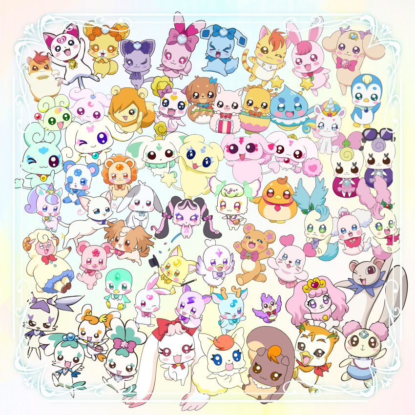 bear bib cat character_request dog fairy forehead_jewel go!_princess_precure healin&#039;_good_precure healing_animal heartcatch_precure! highres hummy_(suite_precure) in-franchise_crossover kimi_to_idol_precure kirakira_precure_a_la_mode lion mehmeh_(wonderful_precure!) official_art precure rabbit sheep weasel wonderful_precure!