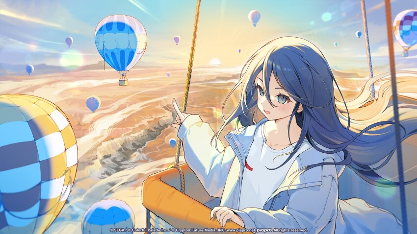 1girl aircraft black_hair blush canyon cloud collarbone commentary copyright_notice day english_commentary fingernails floating_hair grey_eyes grey_jacket guest_art hair_between_eyes highres horizon hoshino_ichika_(project_sekai) hot_air_balloon jacket lens_flare long_fingernails long_hair long_sidelocks looking_at_viewer official_art open_clothes open_jacket open_mouth outdoors pointing project_sekai second-party_source shirt sidelocks sky sleeves_past_wrists smile solo sun sunlight sunrise t-shirt turkey_(country) unzipped upper_body white_shirt wind yenkoes