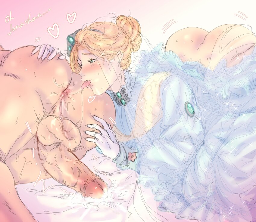 1boy 1girl anilingus ass bad_id bad_twitter_id blonde_hair blush couple cum dress ejaculation erina_pendleton female_rimming_male heart heart-shaped_pupils hetero highres husband_and_wife jojo_no_kimyou_na_bouken jonathan_joestar long_hair nude penis phantom_blood purin_(pixiv51325433) saliva symbol-shaped_pupils testicles tongue tongue_out veil wedding_dress