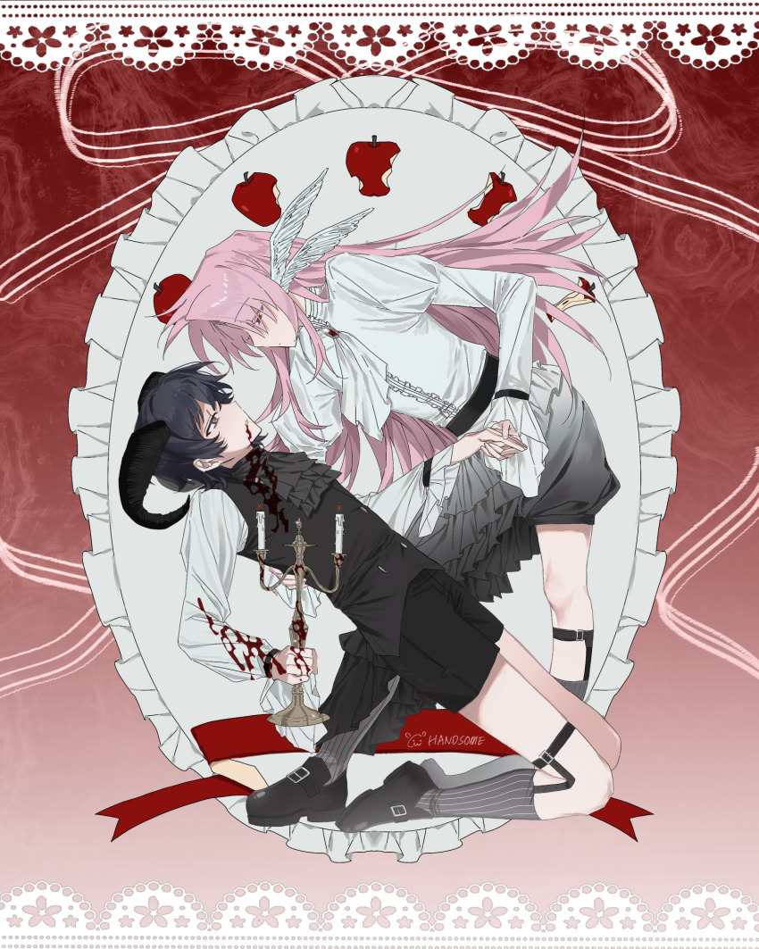 2boys alternate_costume apple apple_core ascot black_ascot black_hair black_horns black_shoes black_shorts black_socks black_vest blood blood_on_clothes blood_on_face blood_on_hands brooch candelabra candlestand center_frills closed_mouth commentary food frills fruit grey_eyes hatsutori_hajime head_wings highres holding holding_candlestand horns jewelry juliet_sleeves legwear_garter long_hair long_sleeves male_focus multiple_boys parted_lips pink_hair puffy_sleeves red_brooch red_eyes saibou_shinkyoku shirt shoes short_hair shorts socks symbol-only_commentary tama_ni_wa_nakasete_yo utsugi_noriyuki vest white_ascot white_shirt wings
