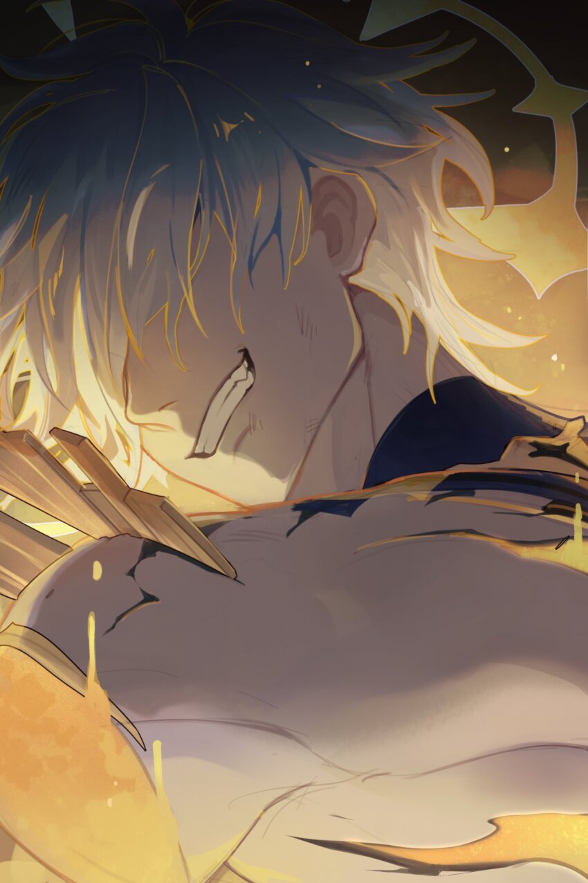 1boy alternate_form blonde_hair commentary cracked_skin elims english_commentary grin hair_between_eyes hair_over_eyes halo halo_behind_head highres honkai:_star_rail honkai_(series) male_focus material_growth missing_limb phainon_(honkai:_star_rail) short_hair smile solo teeth yellow_blood