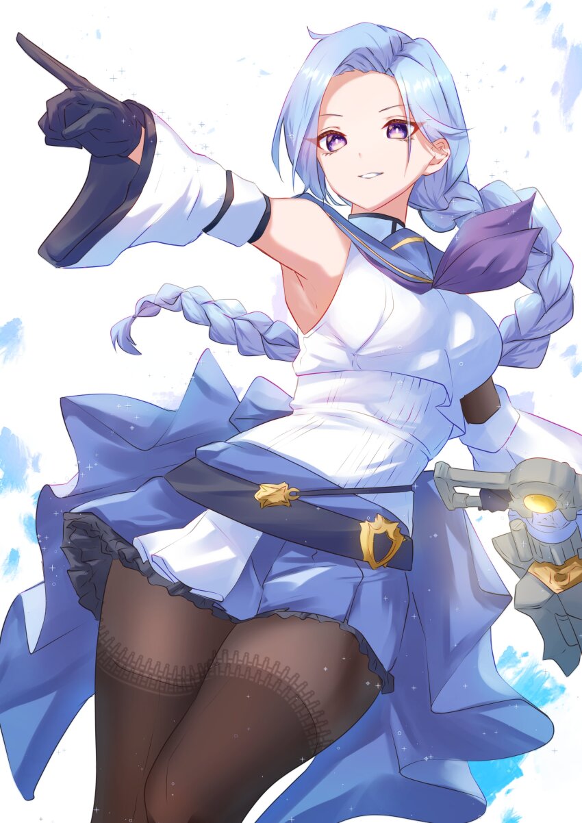 1girl absurdres ahoge assault_lily bare_shoulders black_gloves blue_hair blue_sailor_collar blue_skirt braid braided_ponytail breasts bright_pupils brown_pantyhose brown_thighhighs commentary_request cowboy_shot crop_top detached_sleeves floating_hair frilled_skirt frills gloves grin hands_up highres holding holding_weapon houji_tea_latte igusa_subaru long_hair long_sleeves looking_ahead low_ponytail medium_breasts miniskirt neckerchief odaiba_girls_high_school_uniform outstretched_arms pantyhose parted_bangs parted_lips pleated_skirt pointing pointing_forward ponytail purple_eyes purple_neckerchief ribbed_shirt sailor_collar school_uniform serafuku shirt simple_background single_braid skirt sleeveless sleeveless_shirt smile solo sparkle standing thighhighs thighhighs_over_pantyhose undershirt waist_cape weapon white_background white_pupils white_shirt wide_sleeves