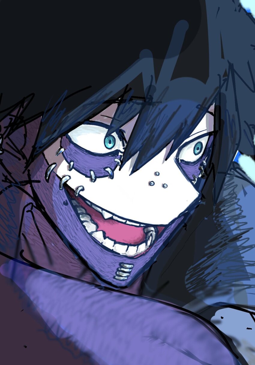 1boy black_hair blue_eyes boku_no_hero_academia burn_scar dabi_(boku_no_hero_academia) face_piercing fang h0nd0u highres male_focus nose_piercing open_mouth pale_skin piercing scar scar_on_face smile stitched_face stitches teeth