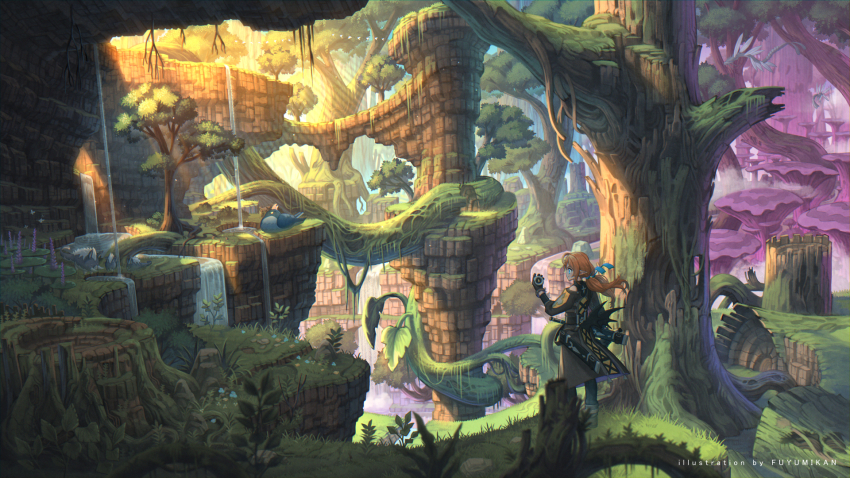 1girl artist_name bird blue_eyes cliff coat compass english_text fantasy forest highres long_hair moss nagi_itsuki nature orange_hair original pants plant plant_roots pointy_ears scenery solo standing tree twintails water waterfall wide_shot