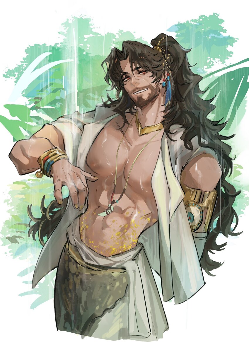 1boy abs beard black_hair bracelet cowboy_shot curly_hair dark-skinned_male dark_skin facial_hair grin hand_up highres jewelry long_hair looking_at_viewer male_focus mature_male mechanical_arms muscular muscular_male mustache necklace pants pectorals plant ponytail prosthesis prosthetic_arm red_eyes reverse:1999 shamane single_bare_shoulder single_mechanical_arm smile solo tooth_necklace very_long_hair vest wet white_background white_pants white_vest yateapot_(guo_shixing_zak_k)