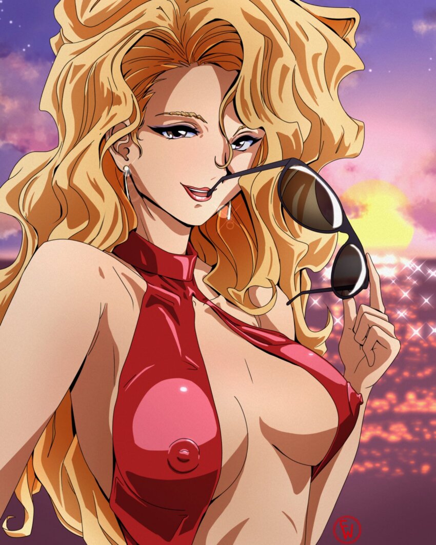 1girl blonde_hair blue_eyes breasts choker cleavage commentary covered_erect_nipples english_commentary fritz_willie golden_boy highres long_hair looking_at_viewer medium_breasts onna_shachou red_choker solo sunglasses