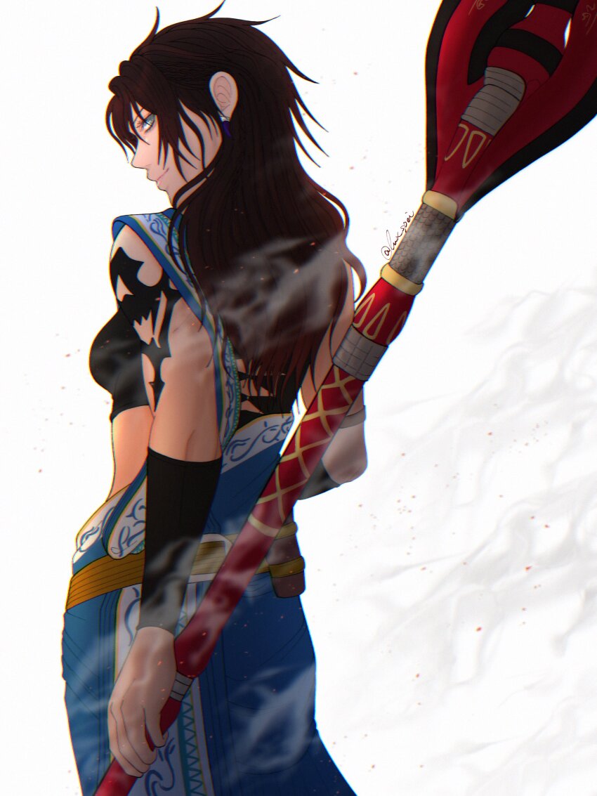 1girl absurdres black_hair blue_eyes breasts commentary earrings english_commentary final_fantasy final_fantasy_xiii highres holding holding_staff indian_clothes jewelry long_hair looking_back lux_spei midriff oerba_yun_fang sari smile smoke solo staff standing tattoo weapon