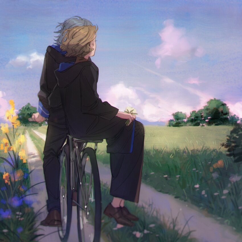 2boys absurdres back-to-back bicycle black_coat black_jacket black_pants blonde_hair blue_hair blue_sky brown_footwear cloud coat coke_6 day facing_away field flower from_behind full_body grass highres holding holding_flower hood hood_down jacket long_sleeves mahoutsukai_no_yakusoku male_focus multiple_boys multiple_riders nero_turner outdoors pants path purple_sky riding riding_bicycle road rutile_flores school_uniform shade shoes short_hair sidesaddle sitting sky tree