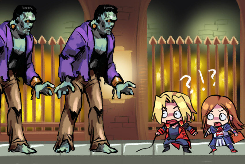 !? 1boy 1girl ? ascot black_hair blonde_hair book brown_hair brown_pants castlevania:_portrait_of_ruin castlevania_(series) charlotte_aulin chibi coat colored_skin frankenstein&#039;s_monster green_skin highres holding holding_book holding_whip jacket jonathan_morris long_hair open_mouth pants peegeray purple_jacket red_ascot red_coat skirt the_creature whip
