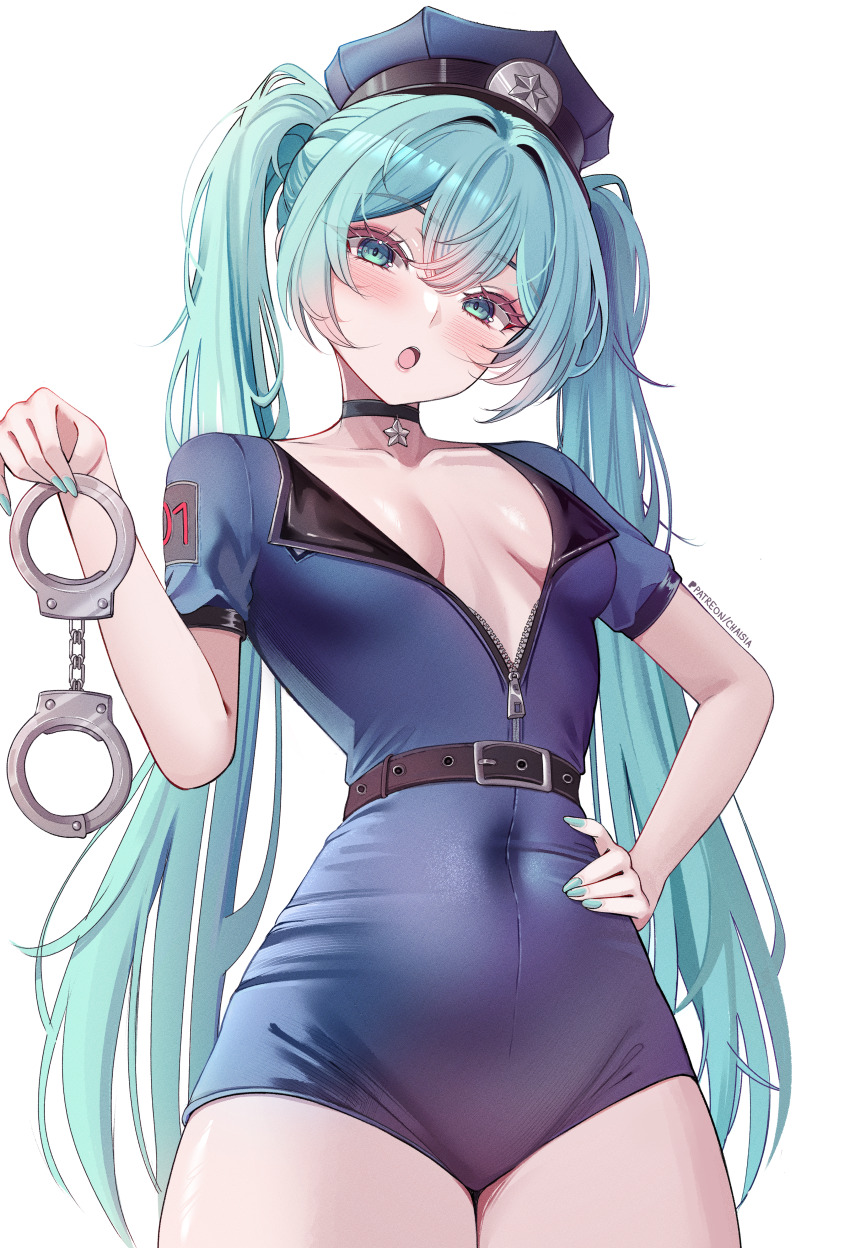 1girl :o absurdres aqua_eyes aqua_hair aqua_nails belt belt_buckle black_belt blue_jumpsuit blush breasts breasts_apart buckle chaisia_art collarbone commentary covered_navel cowboy_shot cuffs double-parted_bangs eyelashes fingernails hair_intakes hand_on_own_hip handcuffs hat hatsune_miku head_tilt high_belt highres holding holding_handcuffs jumpsuit lapels long_hair looking_at_viewer number_print paid_reward_available partially_unzipped patreon_username peaked_cap pendant_choker police police_hat police_uniform policewoman short_jumpsuit short_sleeves simple_background small_breasts solo twintails vocaloid white_background