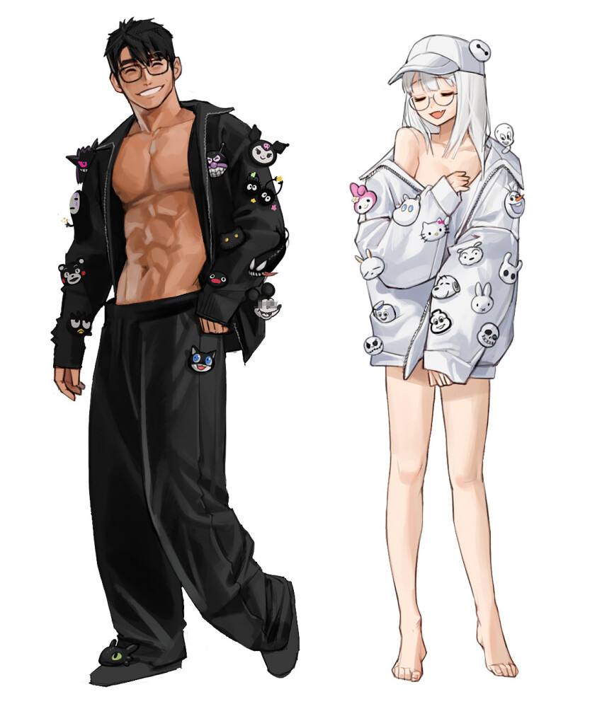 1boy 1girl abs anpanman baikinman barefoot baseball_cap baymax big_hero_6 black_footwear black_hair black_jacket black_pants casper_the_friendly_ghost censored censored_identity character_request closed_eyes crayon_shin-chan disney frozen_(disney) full_body gen_1_pokemon gengar glasses hat hello_kitty highres hollow_knight jack_skellington jacket kaonashi knight_(hollow_knight) kuromi long_sleeves mickey_mouse moomin morgana_(persona_5) muscular muscular_male my_melody nintendo nipples off_shoulder olaf_(frozen) onegai_my_melody open_clothes open_jacket open_mouth original pants parted_lips peanuts_(comic) pectorals persona persona_5 pin pingu pingu_(series) pokemon rinotuna sanrio sans_(undertale) sen_to_chihiro_no_kamikakushi shiro_(crayon_shin_chan) short_hair simple_background sleeves_past_wrists smile snoopy standing the_nightmare_before_christmas topless_male undertale white_background white_headwear white_jacket
