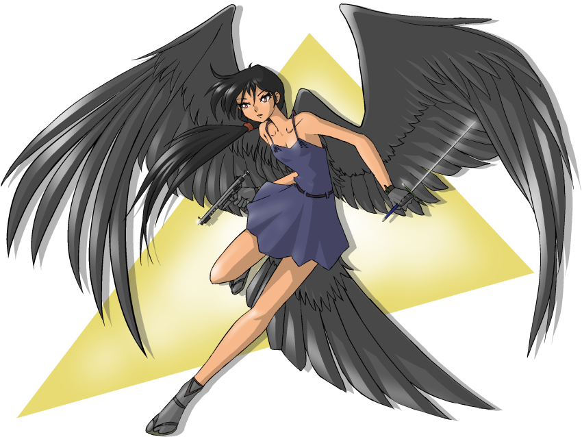 1girl belt bird_tail black_gloves black_hair black_socks black_wings blue_dress collarbone dark-skinned_female dark_skin dress feathered_wings full_body gloves gun handgun harpy highres holding holding_gun holding_weapon long_hair monster_girl original ponytail shirokuro_jakko socks solo spaghetti_strap tabi tail weapon wings