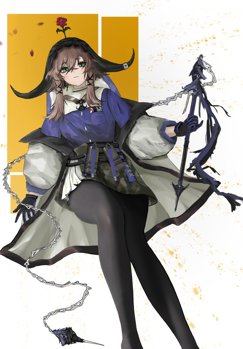 1girl absurdres animal_ears arknights black_gloves black_pantyhose blue_shirt brown_hair closed_mouth cow_horns feet_out_of_frame flower flower_on_head gloves green_eyes hair_between_eyes highres holding horns jacket long_hair long_sleeves looking_at_viewer open_clothes pallas_(arknights) pantyhose red_flower red_rose rose shirt short_hair_with_long_locks skirt solo white_jacket yh_0876
