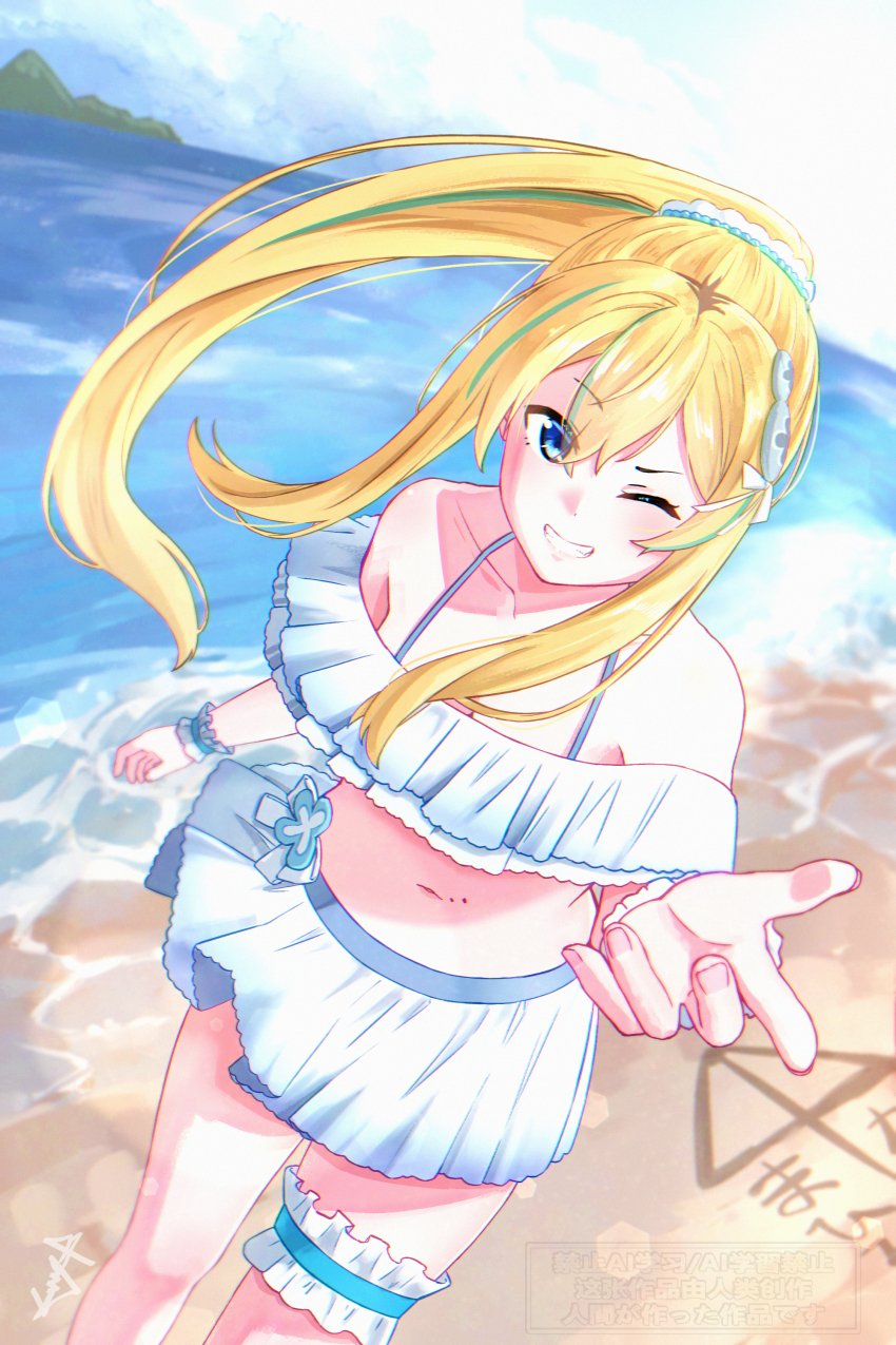 1girl absurdres ai_ai_gasa beach bikini blonde_hair blue_eyes blush clenched_teeth day frilled_thigh_strap green_hair highres implied_yuri long_hair multicolored_hair mutsuki_(mutsuki0110) ocean off-shoulder_bikini off_shoulder one_eye_closed open_mouth outdoors ponytail solo streaked_hair swimsuit teeth thigh_strap watermark white_bikini yamanouchi_kano yoru_no_kurage_wa_oyogenai