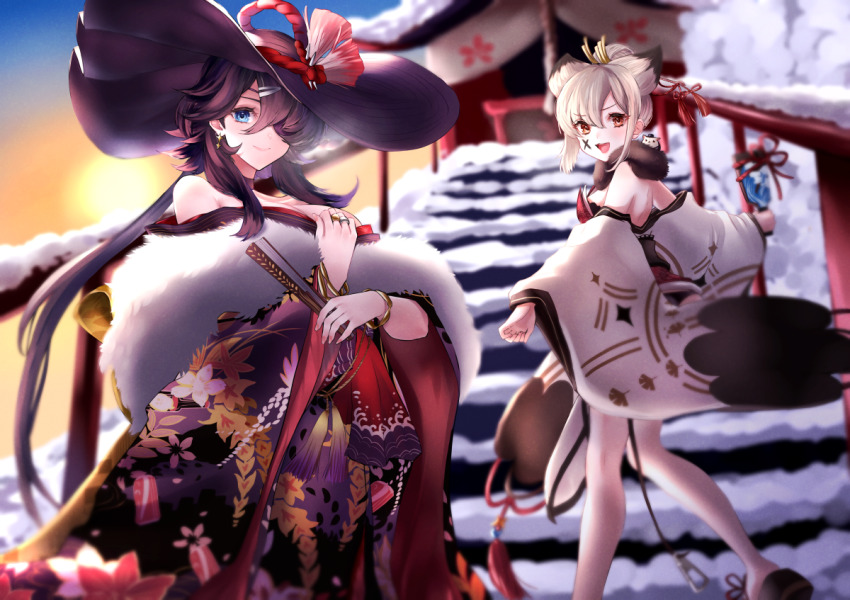 2girls :d azur_lane bad_id bad_pixiv_id black_hair black_headwear blue_eyes breasts coat fur_coat fur_trim georgia_(azur_lane) georgia_(exalted_vibrance)_(azur_lane) grey_hair hair_over_one_eye hand_fan hat high_heels japanese_clothes jewelry long_sleeves medium_hair multiple_girls necomilk official_alternate_costume open_mouth ring smile suzutsuki_(azur_lane) suzutsuki_(suzutsuki_hanetsuki_adept!)_(azur_lane)