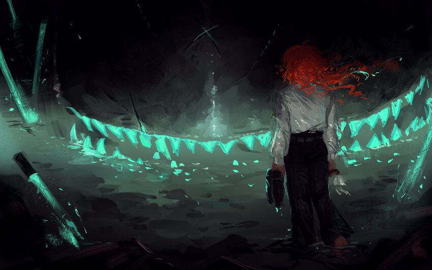 1girl absurdres black_pants broken_glass dream-devouring_siltcurrent floating_hair fluorescent_lamp from_behind glass highres holding holding_shoes holding_unworn_clothes ishmael_(project_moon) limbus_company long_sleeves lycanthix orange_hair pants project_moon shirt shoes solo standing unworn_shoes whale white_shirt