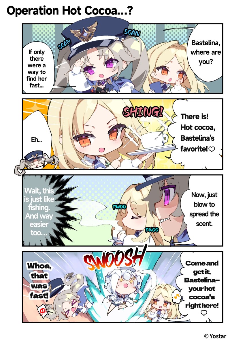 +_+ 3girls :3 :d =_= absurdres bastelina_(stella_sora) blonde_hair blowing blue_hat character_request chibi chibi_only clenched_teeth collared_shirt commentary copyright_notice english_commentary english_text grace_imperium_(stella_sora) grey_hair hair_intakes hat heart highres holding holding_tray hot_chocolate long_hair long_sleeves mole mole_under_eye multiple_girls musical_note official_art open_mouth orange_eyes parted_bangs profile puffy_long_sleeves puffy_sleeves purple_eyes raised_inner_eyebrows searching shirt short_hair_with_long_locks skull_and_crossbones smile speech_bubble spoken_heart spoken_musical_note spoken_skull stella_sora teeth tray twintails white_hair white_shirt