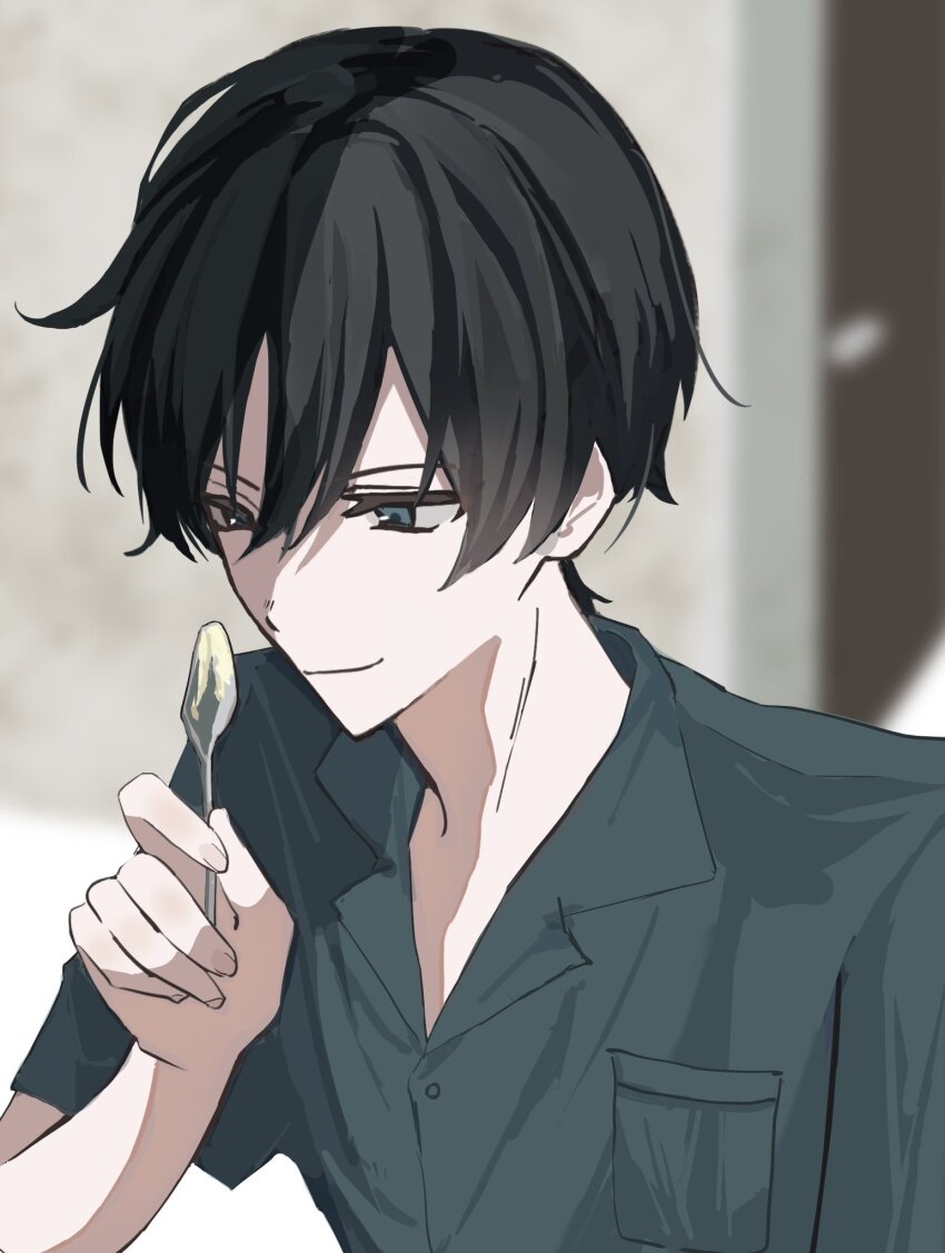 black_hair black_shirt blue_eyes blurry blurry_background collared_shirt hair_between_eyes highres holding holding_spoon kobato_jougorou light_smile looking_down male_focus shirt short_hair shoushimin_series smug spoon yuuhi_mari