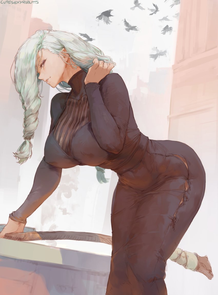 1girl absurdres axe bird braid braided_bangs breasts crow curvy cutesexyrobutts dress grey_eyes hair_over_one_eye half-closed_eyes highres jujutsu_kaisen large_breasts long_hair long_sleeves looking_at_viewer mei_mei_(jujutsu_kaisen) skin_tight smile solo thighs turtleneck turtleneck_dress white_hair