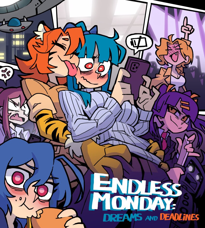 6+girls absurdres anger_vein battery_indicator blush blythe_(hcnone) burger cellphone character_request closed_eyes copyright_name copyright_request drunk eating endless_monday:_dreams_and_deadlines english_text food food_in_mouth hana_(hcnone) highres holding holding_food holding_knife holding_phone holding_weapon knife licking licking_another&#039;s_face multiple_girls phone skye_(hcnone) speech_bubble sweater ufo vanripper weapon