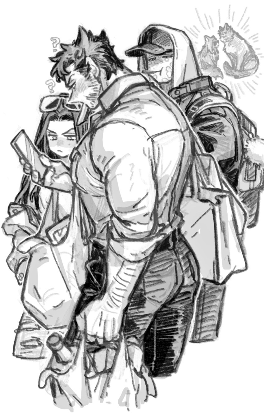 1girl 2boys ? animification backpack bag belt bottle cellphone closed_mouth collared_shirt commentary cowboy_shot deadpool deadpool_&amp;_wolverine deadpool_(series) dishing eyewear_on_head facial_hair greyscale half-closed_eyes hat highres holding holding_bag holding_phone jacket laura_kinney long_hair looking_at_another looking_at_phone looking_down marvel marvel_cinematic_universe monochrome multiple_boys muscular muscular_male notice_lines open_clothes open_jacket pants phone pocket pom_pom_(clothes) shirt short_hair simple_background sleeves_rolled_up smartphone standing sunglasses symbol-only_commentary torn_clothes torn_pants visor_cap wolverine_(x-men) x-men