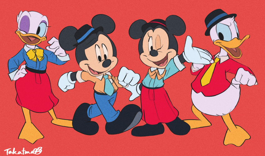 2boys 2girls animal_ears daisy_duck donald_duck duck_boy duck_girl furry furry_female furry_male gamorangetana gloves hat highres looking_at_viewer mickey_mouse mickey_mouse_&amp;_friends minnie_mouse mouse_boy mouse_ears mouse_girl multiple_boys multiple_girls open_mouth shirt short_hair smile
