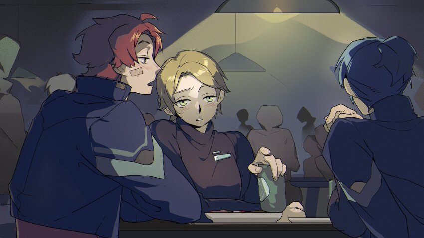 1girl 2boys alternate_universe arm_up bandage_on_face bandages black_shirt blonde_hair blue_hair blue_jacket brown_eyes can collared_jacket commentary_request felix_hugo_fraldarius fire_emblem fire_emblem:_three_houses green_eyes hanging_light highres holding holding_can ingrid_brandl_galatea ingrid_brandl_galatea_(timeskip) jacket jitome long_sleeves multiple_boys nintendo olopheris open_mouth overhead_lights parted_lips people ponytail popped_collar red_hair shirt short_hair sitting sylvain_jose_gautier table teeth turtleneck
