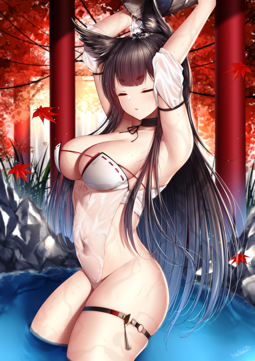 1girl amagi_(azur_lane) amagi_(wending_waters_serene_lotus)_(azur_lane) animal_ears arched_back armpits arms_up autumn autumn_leaves azur_lane bare_shoulders bikini black_hair bottomless breasts bucket choker cleavage closed_eyes fox_ears groin hair_ornament highres holding large_breasts leaf long_hair makeup navel no_panties outdoors parted_lips pouring pouring_onto_self purple_eyes see-through_clothes skindentation solo stomach swimsuit thigh_strap thighs upper_body very_long_hair wading water wet white_bikini wooden_bucket wsman