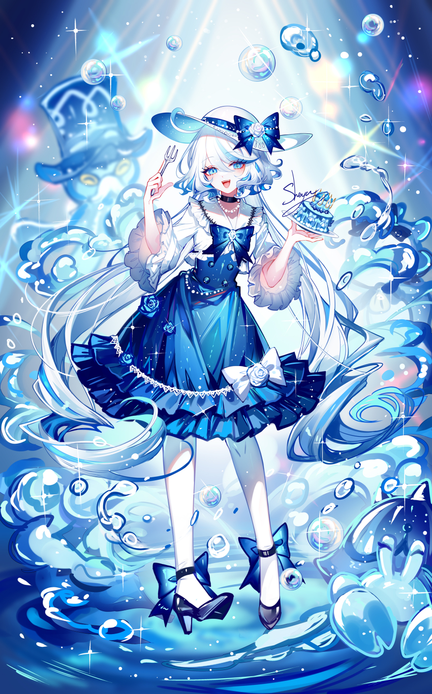 1girl :d absurdres ahoge alternate_costume black_choker blue_bow blue_eyes blue_flower blue_rose blue_shoes blue_skirt bow cake chinese_commentary choker commentary_request flower food fork full_body furina_(genshin_impact) genshin_impact hands_up hat hat_bow high-waist_skirt high_heels highres holding holding_fork holding_plate long_hair long_sleeves looking_at_viewer open_mouth pantyhose plate rose sheya shirt shoes skirt smile standing very_long_hair white_bow white_hair white_hat white_pantyhose white_shirt