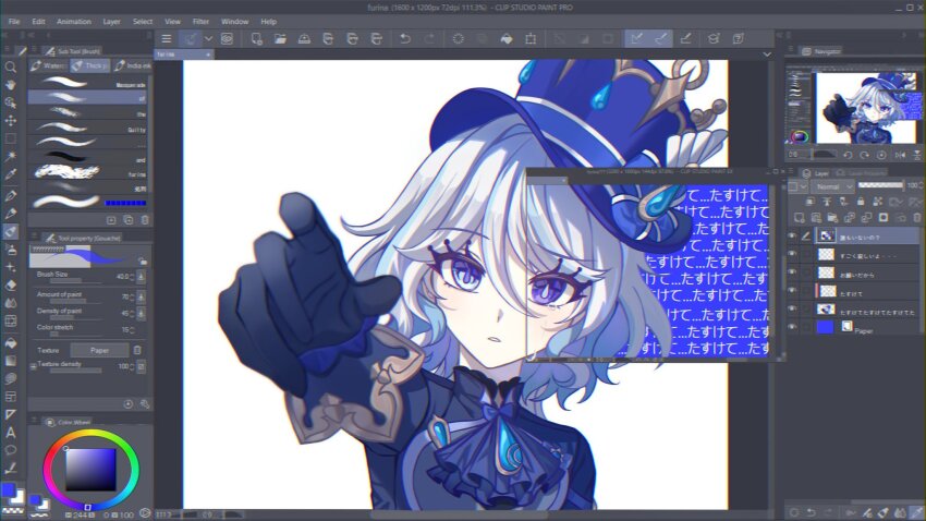 1girl art_program_in_frame ascot blue_ascot blue_eyes blue_gloves blue_hat blush clip_studio_paint_(medium) furina_(genshin_impact) genshin_impact gloves hair_between_eyes hat highres looking_at_viewer multicolored_hair ouji_fashion pointing pointing_at_viewer short_hair shuwa_show streaked_hair tagme