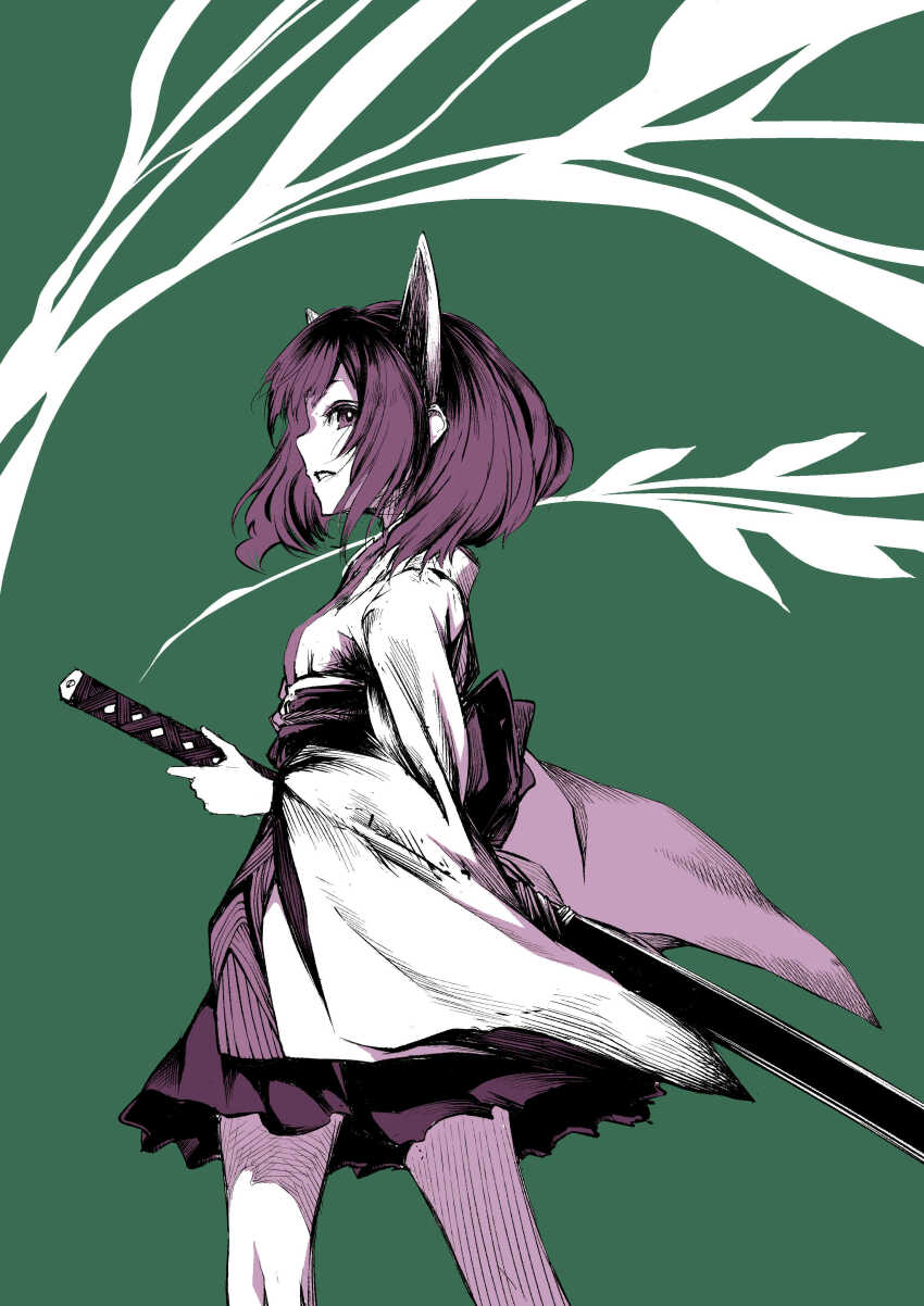 1girl absurdres branch brown_eyes brown_hair brown_sash commentary cowboy_shot facing_ahead green_background hatching_(texture) headgear highres holding holding_sword holding_weapon japanese_clothes kimi_(13houka) kimono linear_hatching long_sleeves looking_to_the_side obi obijime ootachi open_mouth partially_colored sash short_hair short_kimono simple_background skirt solo standing sword teeth touhoku_kiritan voiceroid weapon white_background white_kimono wide_sleeves
