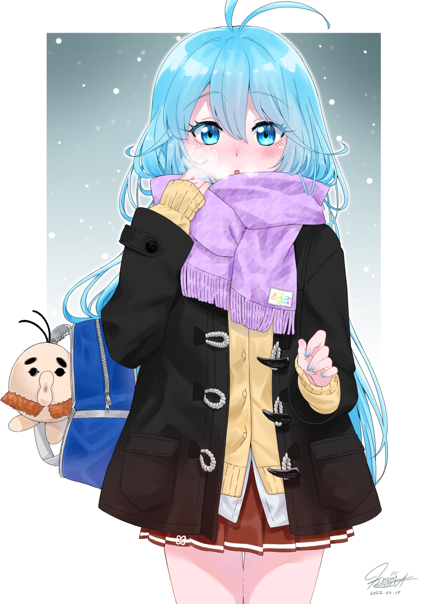 1girl absurdres adjusting_scarf antenna_hair bag bag_charm black_coat blue_background blue_hair blue_nails blush breasts cardigan charm_(object) coat cowboy_shot dated denpa_onna_to_seishun_otoko duffel_coat enpera fringe_trim gradient_background hair_between_eyes highres houndstooth karamaya long_hair looking_at_viewer nail_polish open_clothes open_coat parted_lips pleated_skirt print_scarf purple_scarf red_skirt scarf school_bag school_uniform signature skirt snowing solo touwa_erio white_background winter winter_uniform
