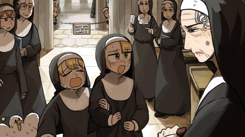 6+girls bird blonde_hair blue_eyes brown_eyes brown_hair chicken clumsy_nun_(diva) commentary crying crying_with_eyes_open diva_(hyxpk) duck english_commentary glasses glasses_nun&#039;s_aunt_(diva) grey_hair highres holding holding_letter letter little_nuns_(diva) multiple_girls nervous_sweating nun old old_woman parted_grey_nun_(diva) rope spicy_nun_(diva) star_(symbol) sweat tears traditional_nun yellow_eyes