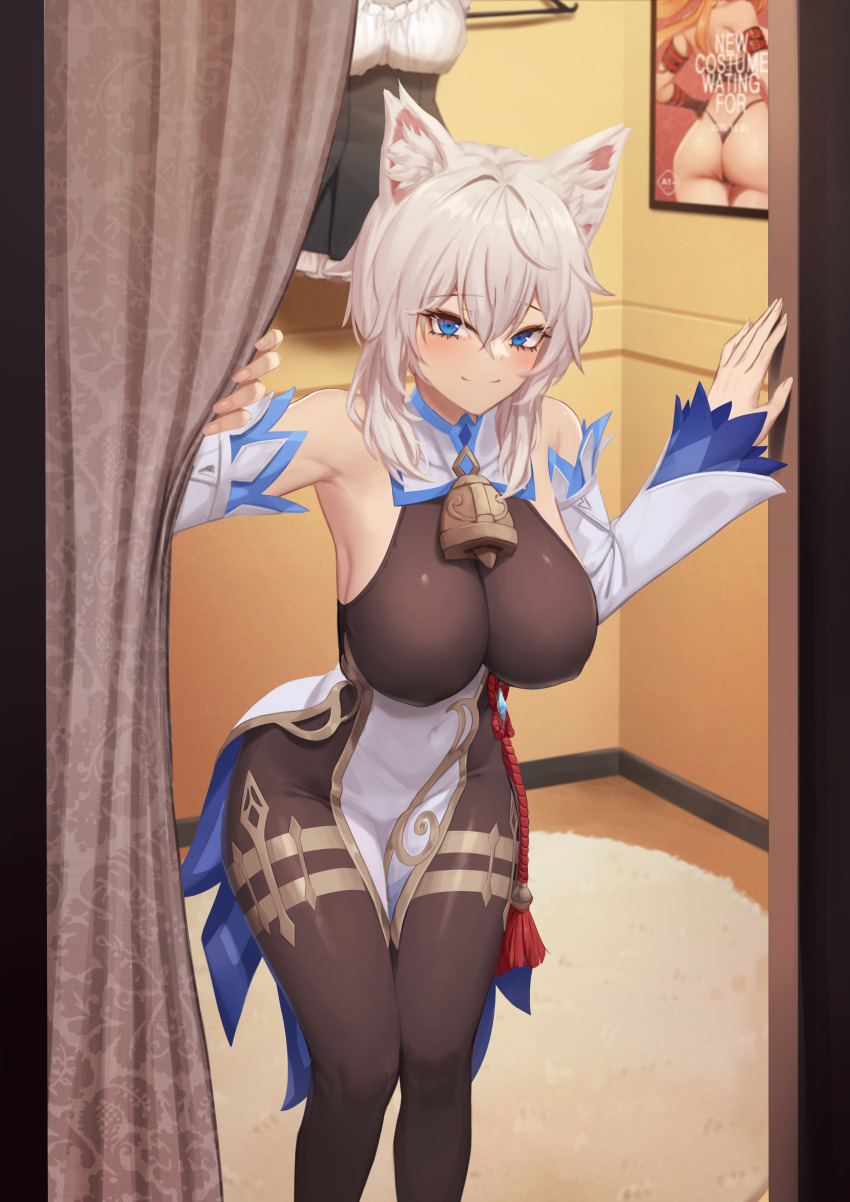 1girl absurdres animal_ear_fluff animal_ears armpits ass bare_shoulders bell black_pantyhose blue_eyes blush bodystocking breasts carpet cat_ears closed_mouth commentary commission cosplay curtain_grab curtains daydream_(zhdkffk21) detached_sleeves english_text feet_out_of_frame ganyu_(genshin_impact) ganyu_(genshin_impact)_(cosplay) genshin_impact highres impossible_clothes indoors large_breasts large_variant_set leaning_forward long_sleeves looking_at_viewer neck_bell original pantyhose poster_(object) red_ribbon ribbon second-party_source short_hair_with_long_locks sidelocks smile solo standing tassel thong variant_set visor_cap white_hair