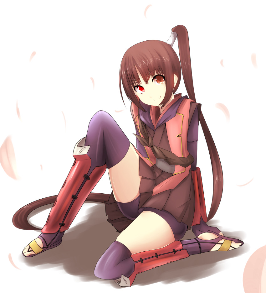 1girl bike_shorts_under_skirt black_thighhighs brown_eyes brown_hair closed_mouth full_body gloves heterochromia highres long_hair looking_at_viewer onimusha red_eyes rivel simple_background skirt smile solo thighhighs white_background yagyuu_juubei_(dawn_of_dreams)