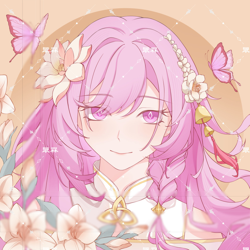 1girl absurdres alternate_costume bell brown_background bug butterfly chinese_commentary closed_mouth commentary_request diamond-shaped_pupils diamond_(shape) elysia_(herrscher_of_human:_ego)_(honkai_impact) elysia_(honkai_impact) flower hair_bell hair_flower hair_ornament highres honkai_(series) honkai_impact_3rd insect long_hair looking_at_viewer oval_background pink_hair portrait purple_eyes solo symbol-shaped_pupils tingyun14663 triquetra