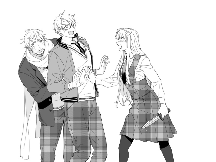 1girl 2boys ahoge america_(hetalia) axis_powers_hetalia belarus_(hetalia) blush bow breasts brother_and_sister buttons collared_shirt commentary_request cowboy_shot dagger dress fingernails glasses hair_bow hands_up holding holding_dagger holding_knife holding_weapon jacket knife lapels long_hair long_sleeves looking_at_another medium_breasts multiple_boys necktie nervous nervous_smile open_clothes open_jacket open_mouth pants pantyhose pinafore_dress plaid_clothes plaid_dress plaid_pants puffy_long_sleeves puffy_sleeves russia_(hetalia) scared scarf semi-rimless_eyewear shirt short_hair siblings sidelocks simple_background sleeveless sleeveless_dress smile sparkle standing sweat tearing_up to@st v-shaped_eyebrows vest weapon