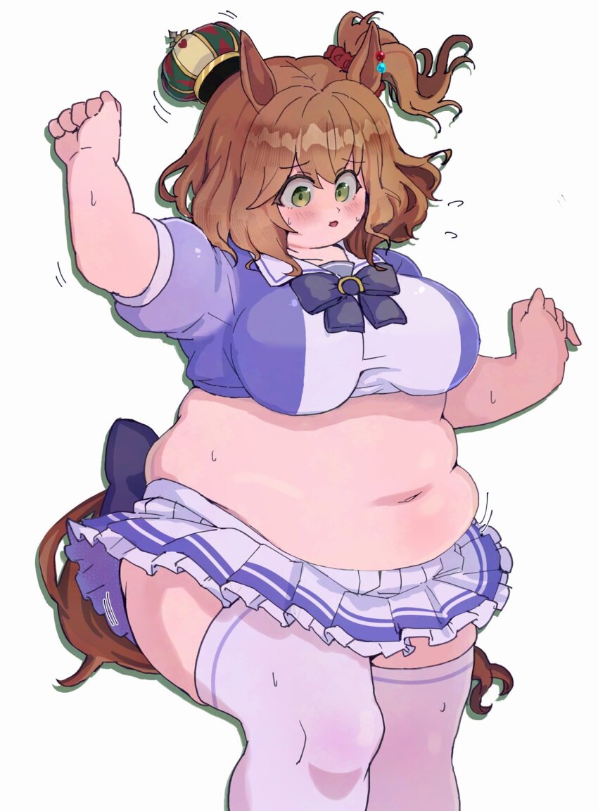 1girl animal_ears artist_request aston_machan_(umamusume) belly blue_shirt blush bob_cut breasts brown_hair chest_bow crop_top crown doragotirou fat fat_woman green_eyes hair_ornament horse_ears horse_girl horse_tail large_breasts midriff mini_crown miniskirt muffin_top navel one_side_up open_mouth red_scrunchie scrunchie shirt short_hair skirt solo standing sweat tail thick_thighs thighhighs thighs umamusume white_background white_skirt white_thighhighs zettai_ryouiki