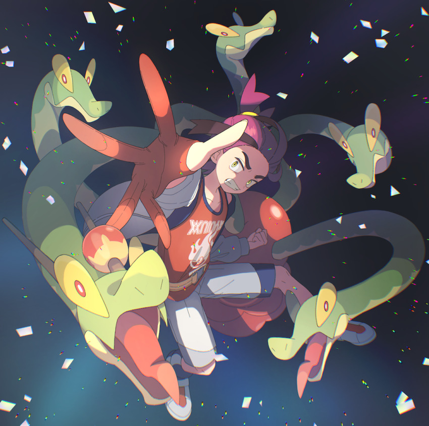 1boy clenched_hand clenched_teeth gloves grin hydrapple jacket kieran_(pokemon) knees long_sleeves male_focus nintendo open_clothes open_jacket outstretched_arm partially_fingerless_gloves pokemon pokemon_(creature) pokemon_sv purple_hair red_shirt shirt shorts single_glove sleeveless sleeveless_shirt smile suimoku_(hzdg5322) teeth yellow_eyes