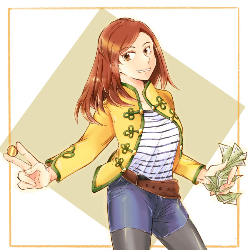 1girl brown_eyes brown_hair coins dollars highres kaizoku_sentai_gokaiger luka_millfy super_sentai tomboy u9d8fu76aeu7b51u524du716e